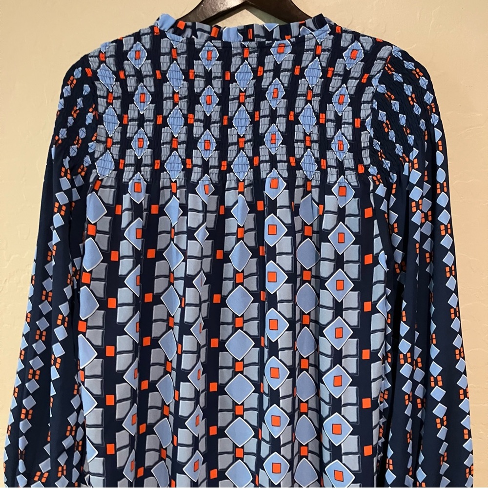 Jade Melody Tam Blue Navy Smocked Neck Tie Peasant Boho Long Sleeve Blouse Sz M - Picture 12 of 14